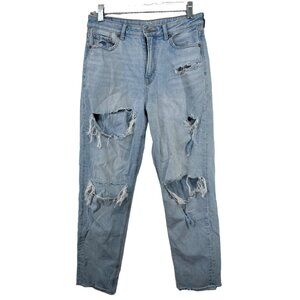American Eagle Women Jeans Sz 4 Light Wash Distressed Mom Jean High Rise Raw Hem